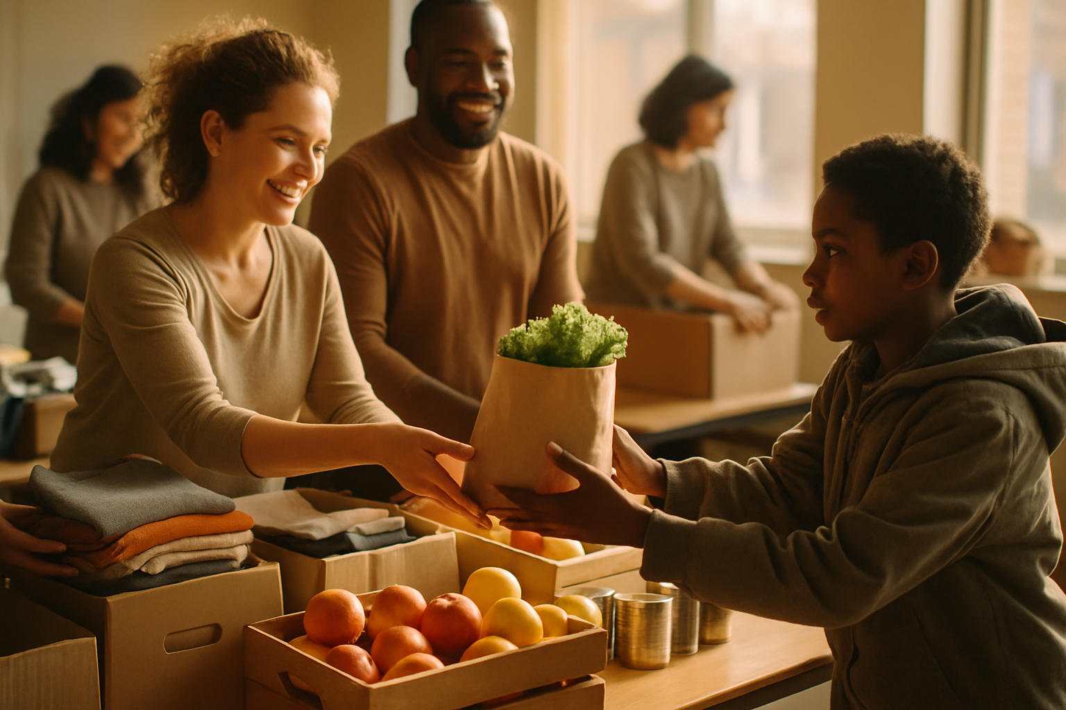 Volunteers organizing donated food and clothing for youth and families in a community center